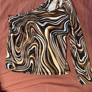 SHEIN Brown Swirl One-Shoulder Long Sleeve Top
